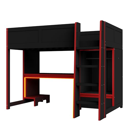 Gaming Bed with Desk,Wardrobe,Ample Storage Space,and RGB LED Light, Full Size Wood Loft Bed for Kids Bedroom (Cloud Blue/K)