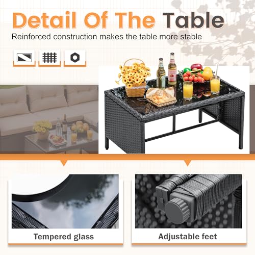 Devoko Outdoor Patio Furniture 3-Piece Rattan Waterproof Outdoor Sectional Sofa All-Weather L Shaped Patio Couch with Cushion Glass Table for Balcony