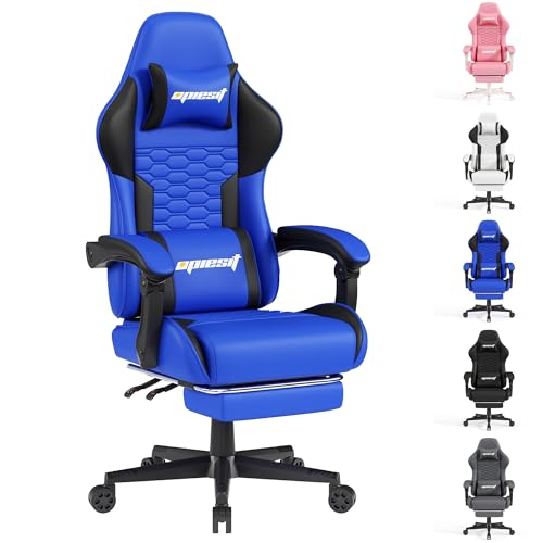 Gaming Chair, Computer Office Chair with Footrest, Linkage Armrests and Lumbar Support, High Back Ergonomic Gamer Chairs for Adults, Blue Fabric