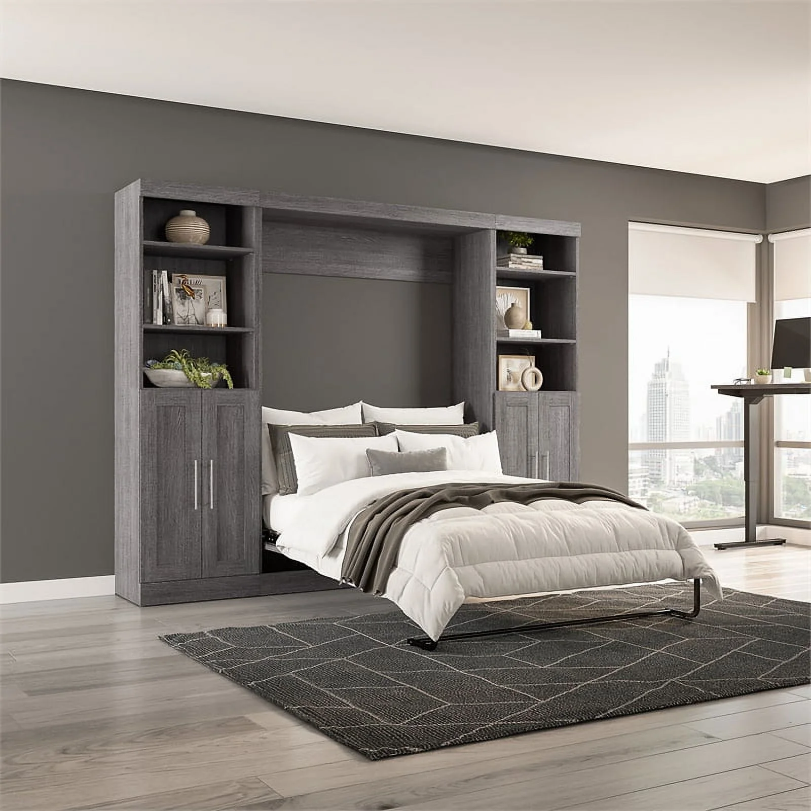 Bestar Pur 109" Engineered Wood Full Murphy Bed with Closet Storage in Bark Gray