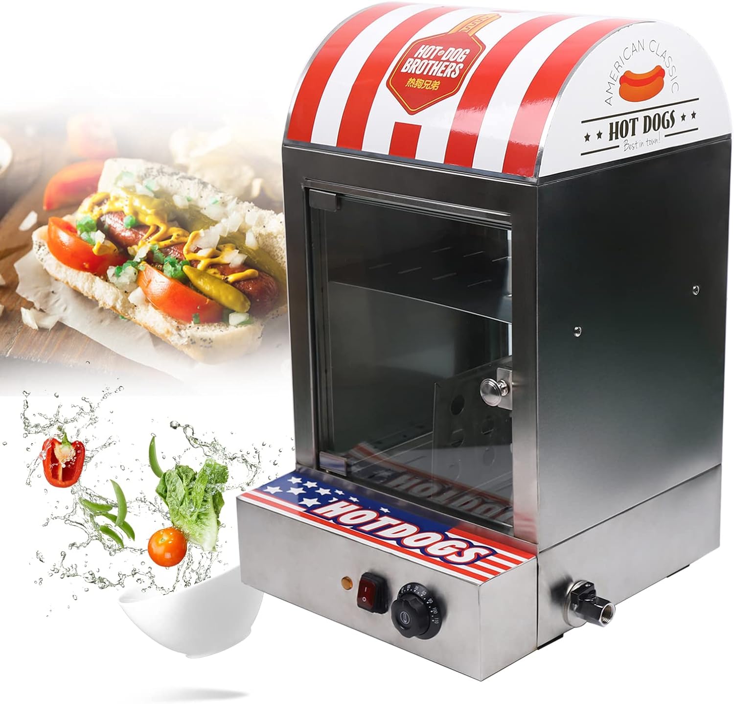 Hot Dog Steamer Machine, 110V 1500W 30-110℃/86-230℉ 2-Tier Commercial Top Load Hot Dog Hut Steamer
