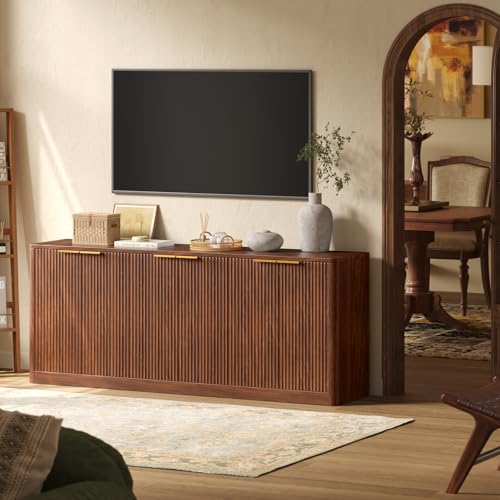 67" Fluted Oak Buffet Cabinet Sideboard with Storage, Large Credenza with 6 Doors