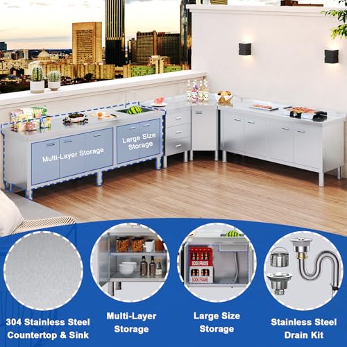 ZZV Freestanding Stainless Steel Sink with Cabinet Heavy Duty Utility Sink Commercial for Kitchen Restaurant Hotel Cafe and Outdoor