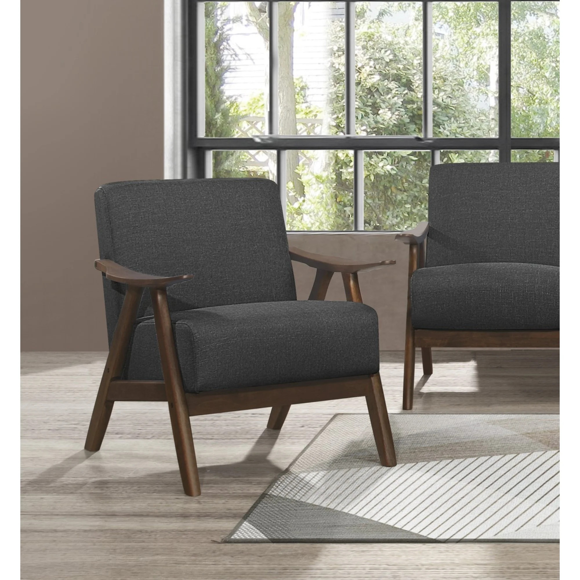 Modern Home Furniture Dark Gray Fabric Upholstered Accent Chair Cushion Back Seat Walnut Finish