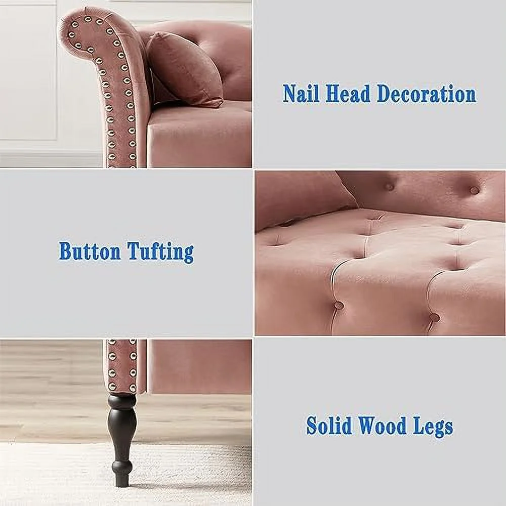 TJUNBOLIFE Tufted Upholstered Velvet Rolled Arm Chaise Lounges Indoor Chair  Right Arm Facing Chaise Lounge with Nailhead Trim and 1 Pillow for