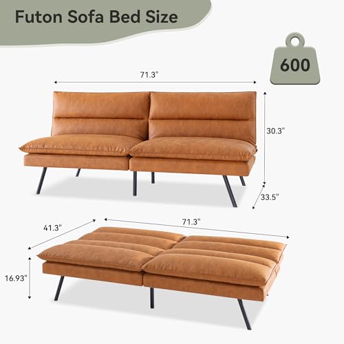 71" Convertible Futon Sofa,Faux Leather Futon Couch Bed,Sleeper Sofa Bed,Memory Foam Modern Folding Small Loveseat for Living Room,Office,Apartment
