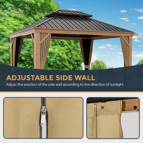 HAPPATIO 10' x 12' Hardtop Gazebo with Netting and Curtains, Double Roof Permanent Patio Metal Gazebo Canopy for Patio, Deck, Backyard （Gray）