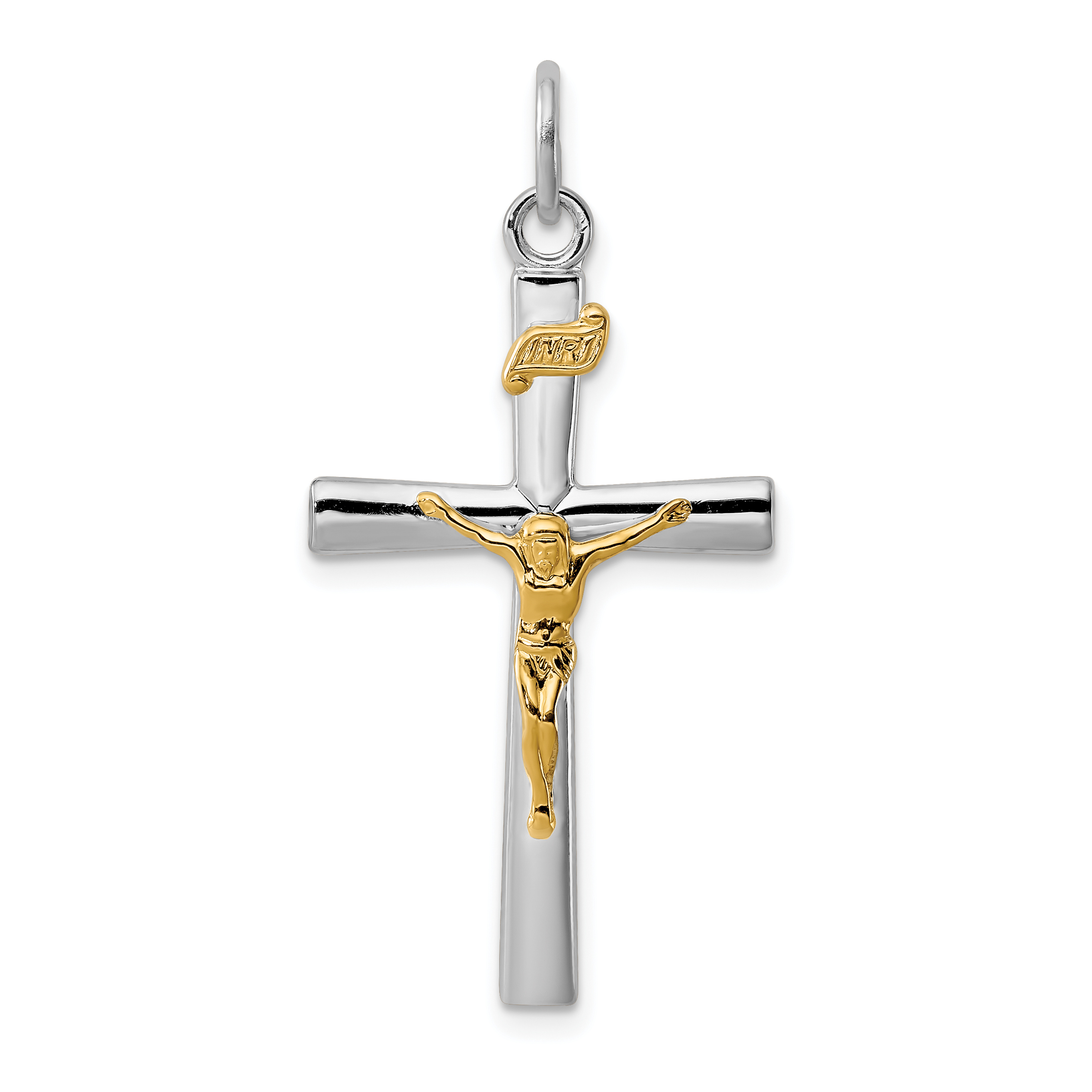 Carat in Karats Sterling Silver Polished Finish Rhodium-Plated 18K Gold Inri Crucifix Charm Pendant (37mm x 18mm) With Sterling Silver Cable Chain
