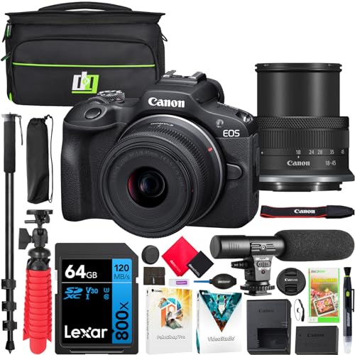 Canon EOS R100 Mirrorless Camera Body with RF-S 18-45mm F4.5-6.3 IS STM Lens Bundle with Deco Gear Photography Bag + Microphone + Monopod + Software