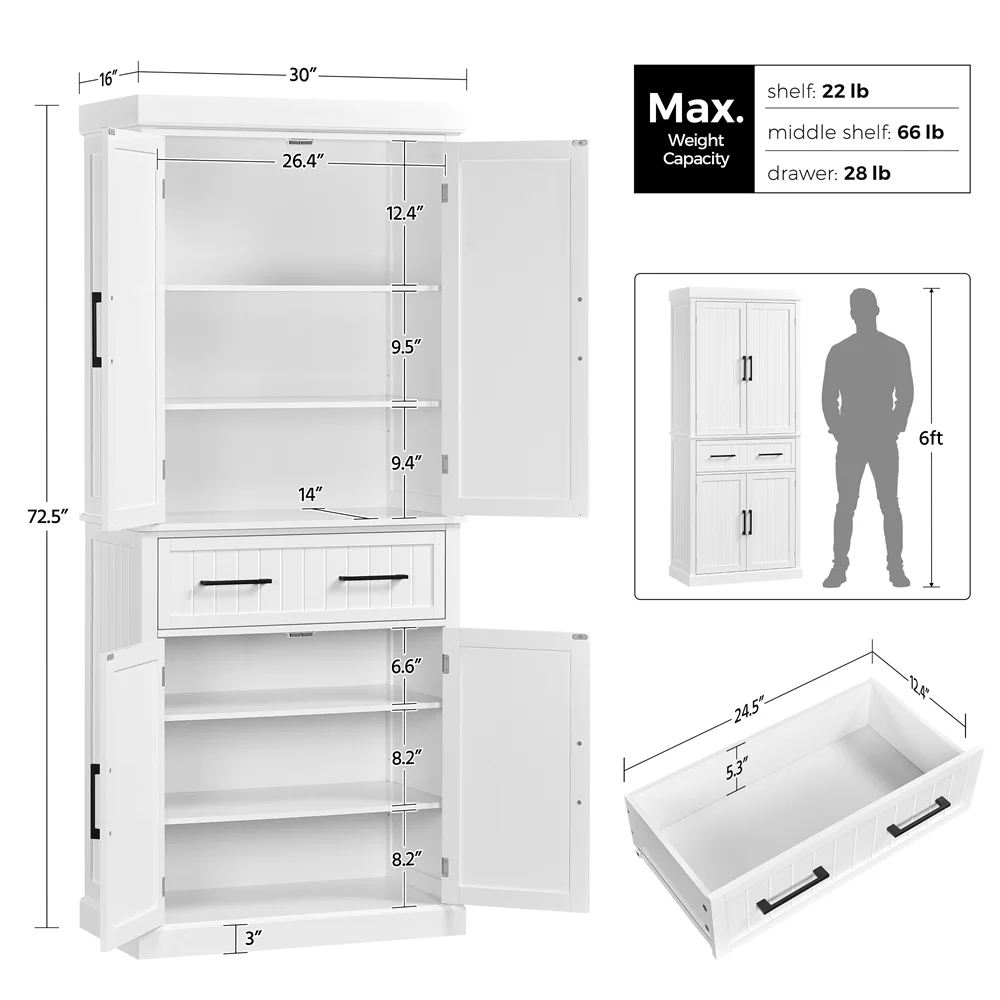 SmileMart 72.5″ H Kitchen Pantry Cabinet with Doors and Adjustable Shelves, White