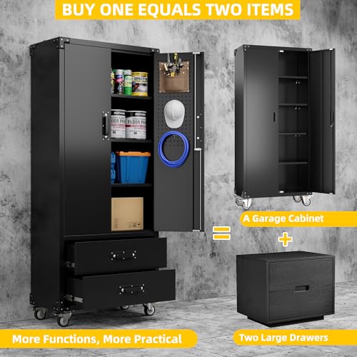 Aobabo 71" H×32" W×16" D Metal Storage Cabinet with Wheels, Garage Steel Storage Cabinet with 5 Adjustable Shelves and 4 Hooks for Home Office