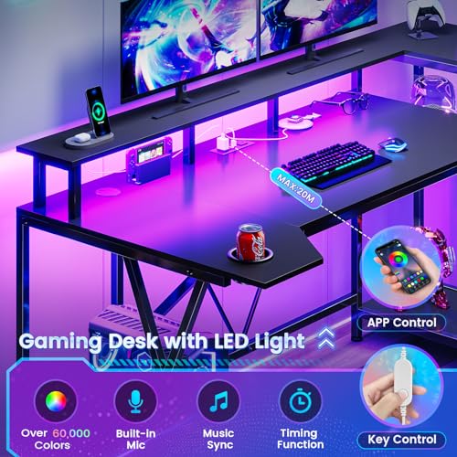 SEDETA Gaming Desk 70.8'' with LED Lights and Storage Shelves, Computer Desk with Monitor Stand, Power Outlets and Cup Holder, Large PC Gamer Desk
