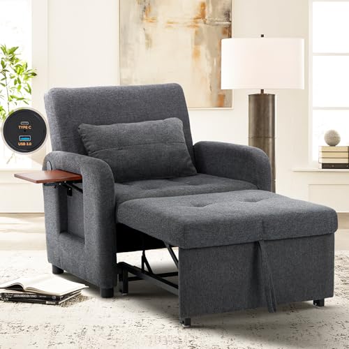 COLAMY Convertible Sleeper Chair-Fabric Futon Sofa Bed, Single Sleeper Sofa, Small Couch Bed with USB Port, Foldable Table, Pillow