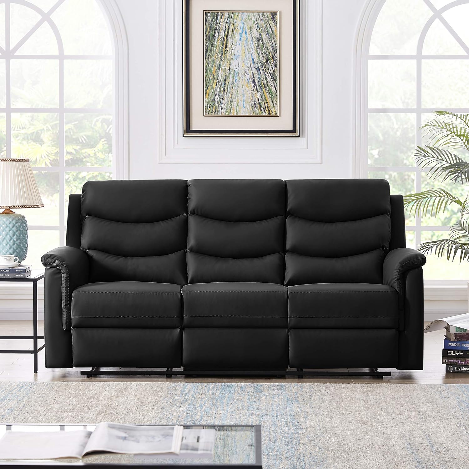 Faux Leather Double Recliner Loveseat Console,3-Seater Home Theater Seating RV Furniture w/Drop-Down Table