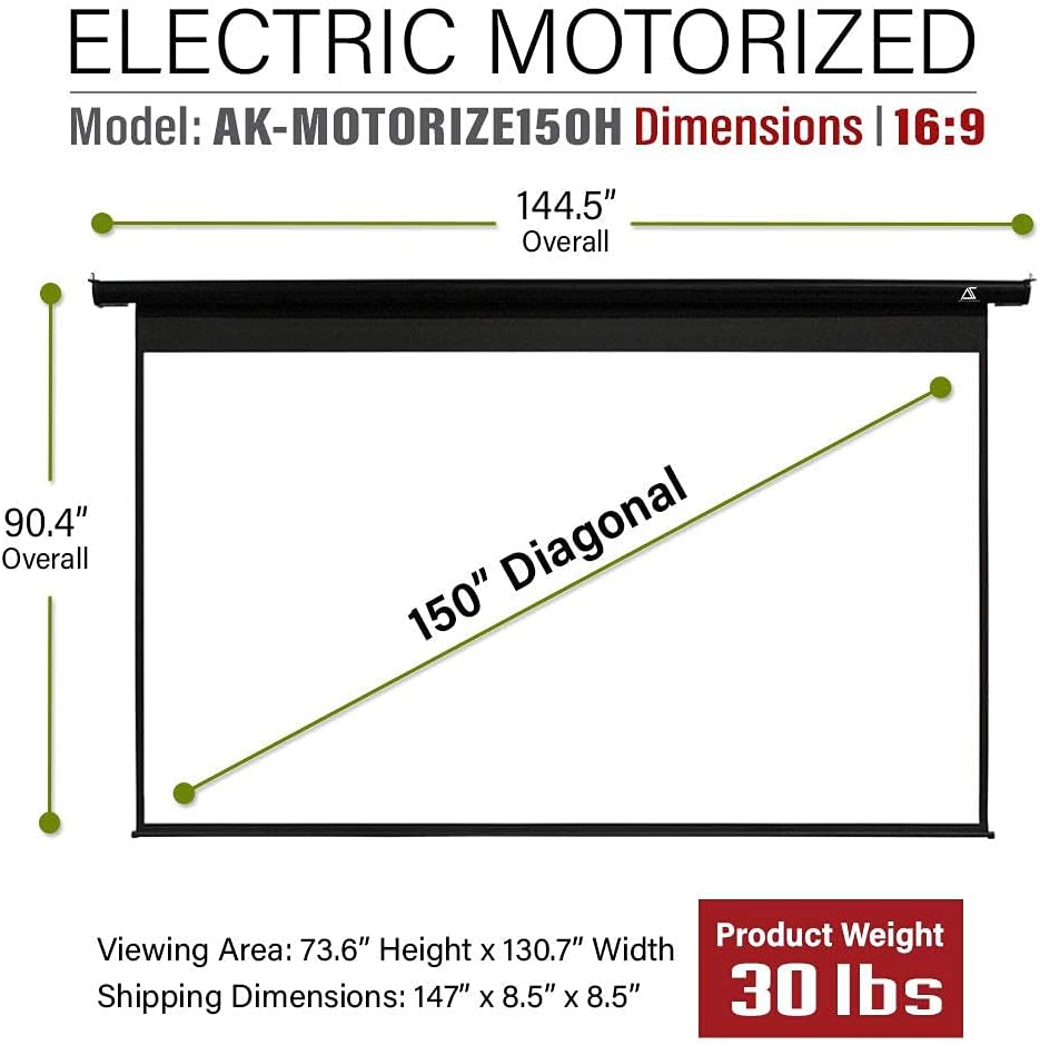 Akia Screens 150 inch Motorized Electric Remote Controlled Drop Down Projector Screen 16:9 8K 4K HD 3D Retractable Ceiling Wall Mount Black
