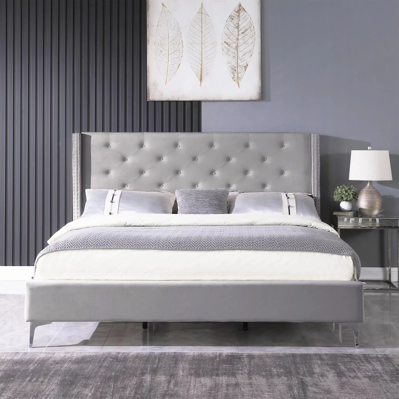 Morden Fort Wood Platform Bed Frame with Upholstered Headboard California King Gray