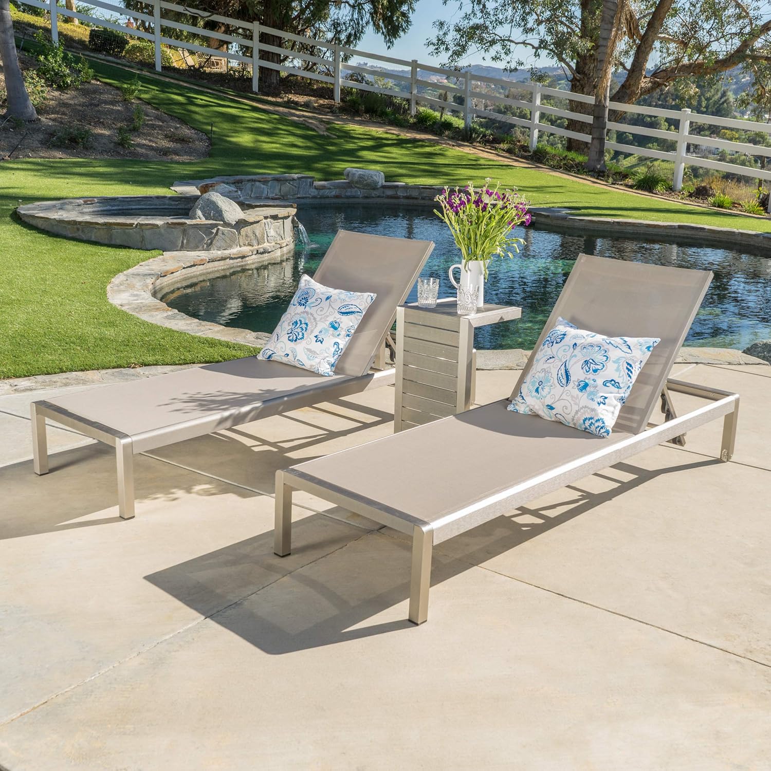 Christopher Knight Home Cape Coral Mesh Chaise Lounge Set with Aluminum C-Shaped End Table, Grey / Silver
