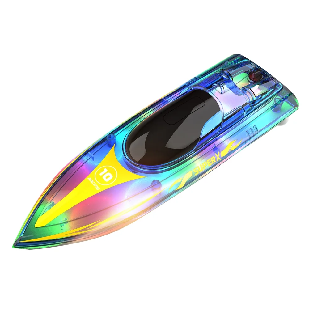 OWSOO 2.4GHz Remote Control Boat with Lights Electric Racing Boat Outdoor Pools Lakes Boat with Night Water Sensor Switch Low-Battery Reminder for