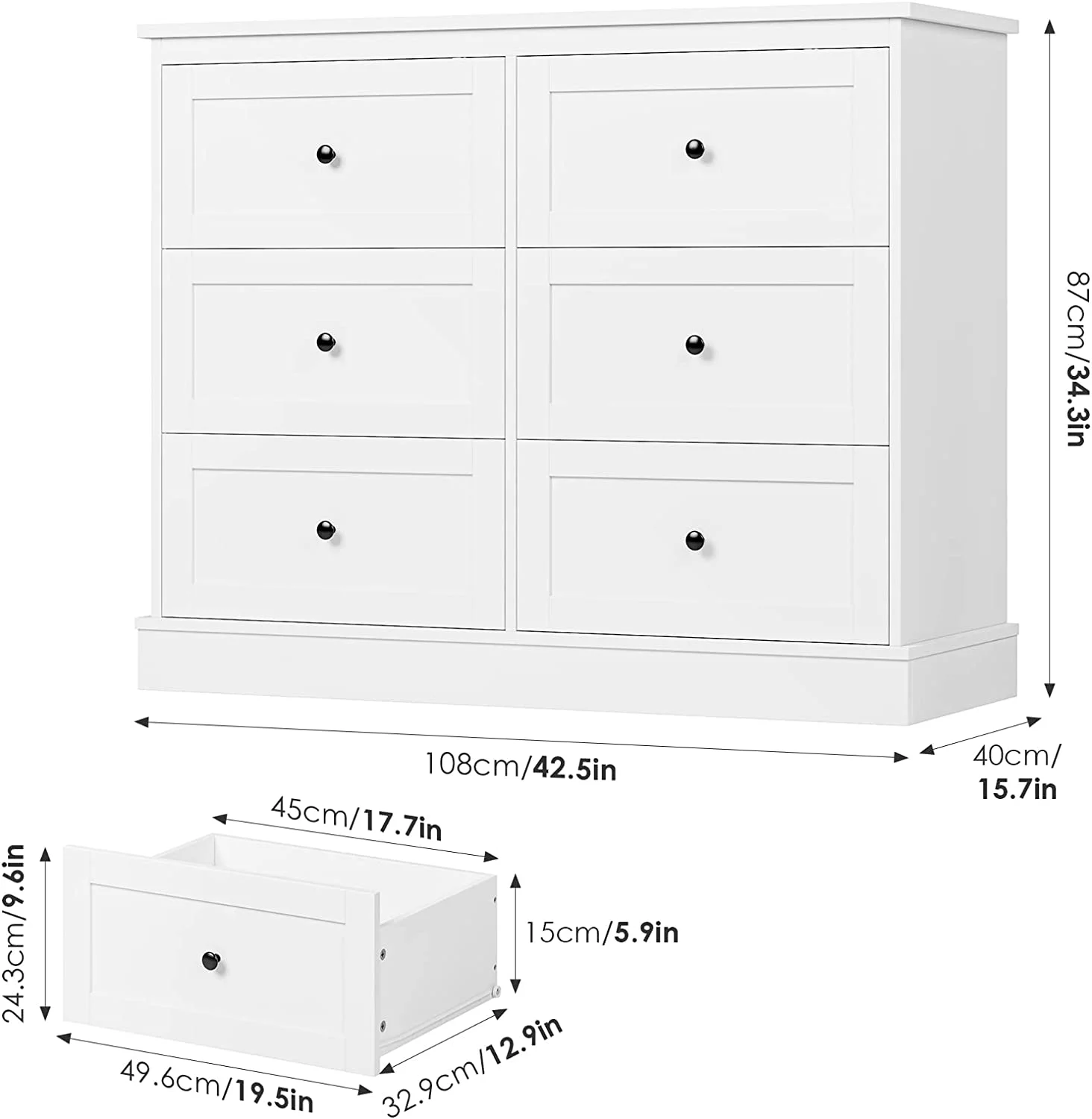 White Dresser  6 Drawer Dresser White   Double Chest with Deep Drawers  Wide  Organizer Cabinet for Living Room
