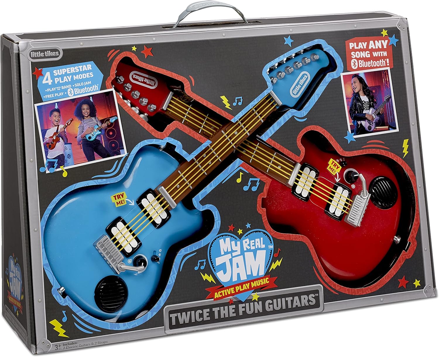 Little Tikes My Real Jam™ Twice The Fun Guitar™, Two Toy Electric Guitars with Cases and Straps, 4 Play Modes, and Bluetooth® Connectivity