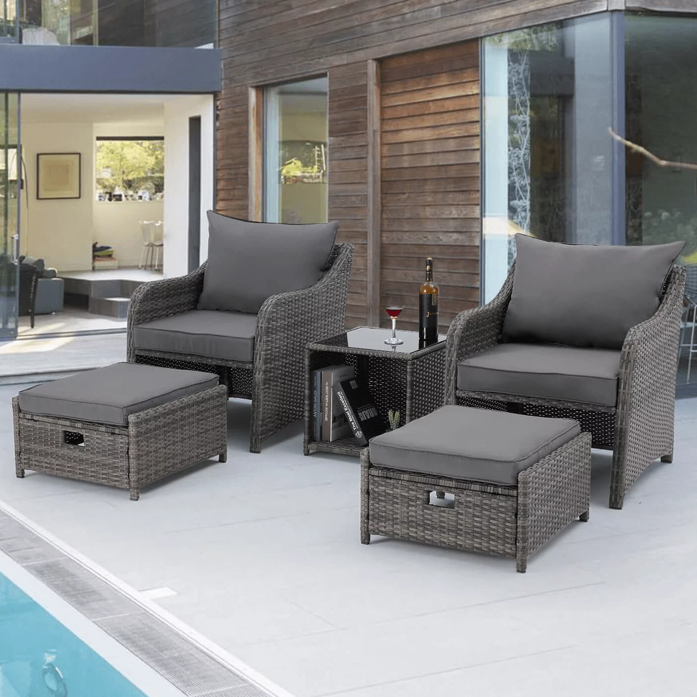 HOMREST 5 Piece Balcony Furniture, All Weather PE Wicker Rattan Patio Furniture Set, Cushioned Patio Chairs Set of 2 w/Ottoman&Table