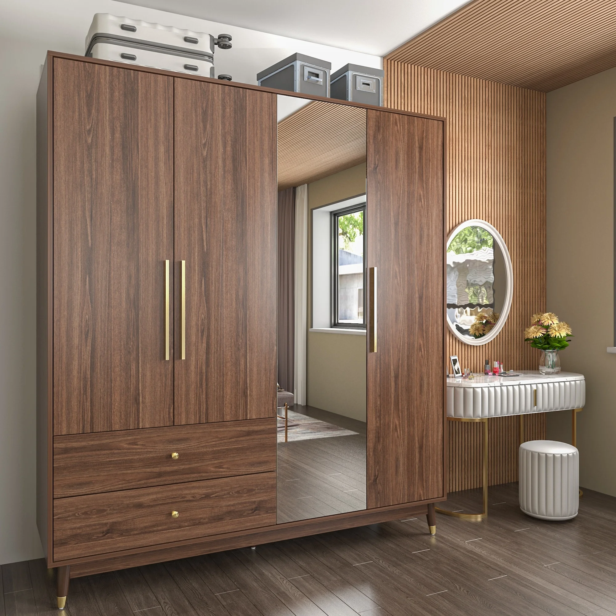 Wardrobe Armoire Closet with Mirror Wardrobe Cabinet with 2 Drawers Wood