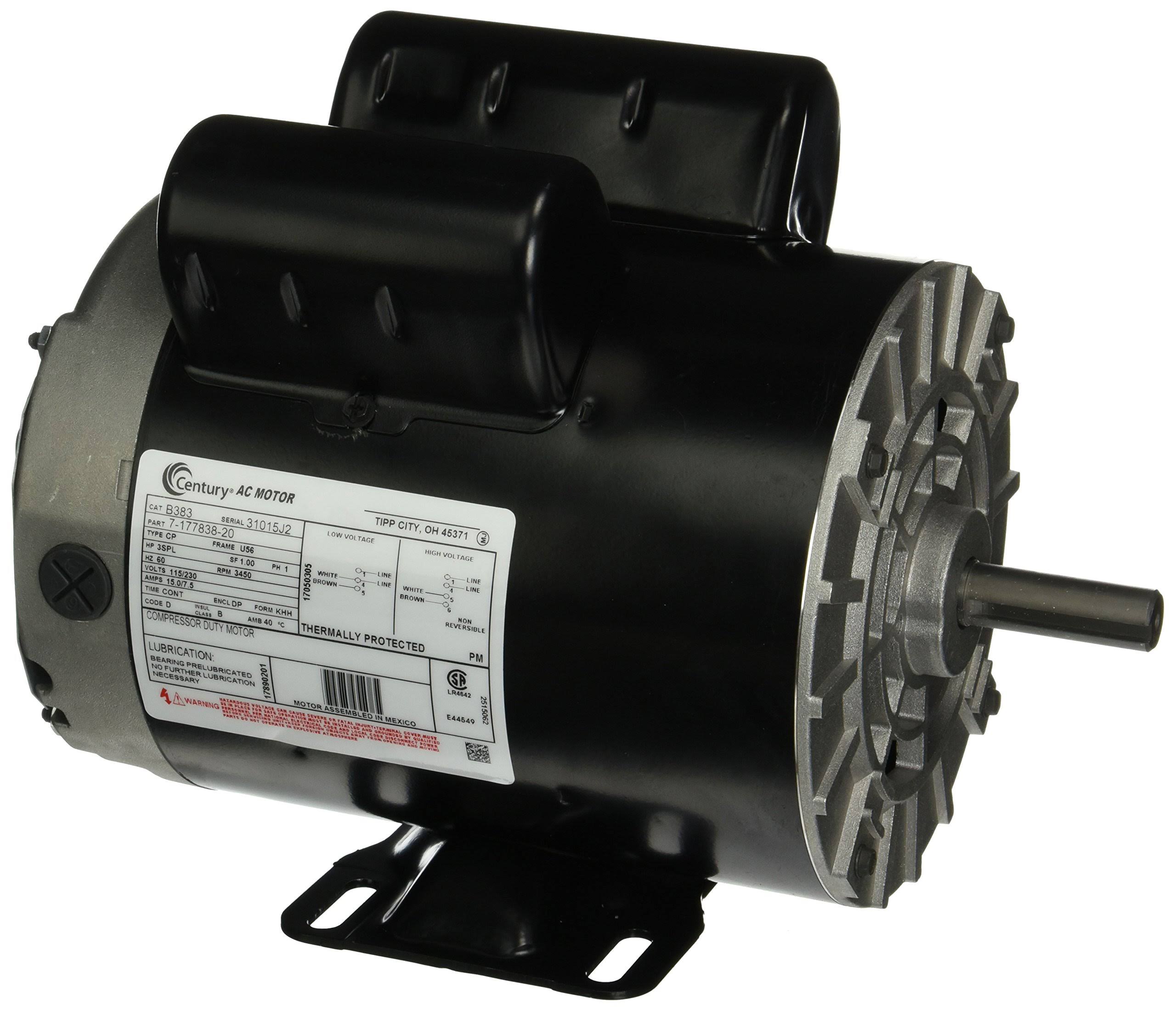 3 HP Spl 3450 RPM U56 Frame 115/230V Air Compressor Motor - Century #B383