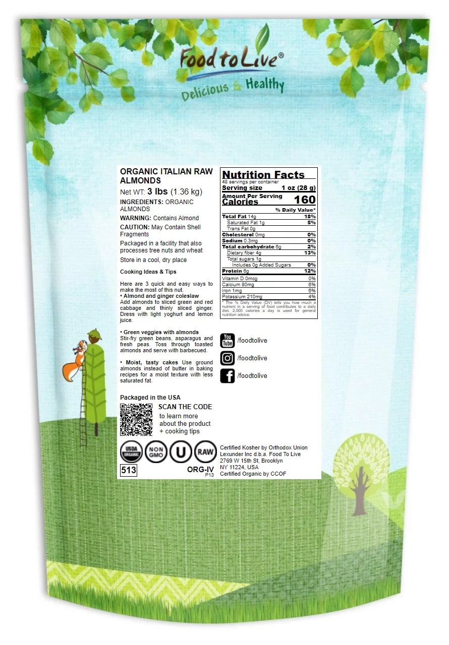 Organic Italian Raw Almonds, 3 Pounds — Non-GMO, Kosher, Raw, Vegan — by Food to Live