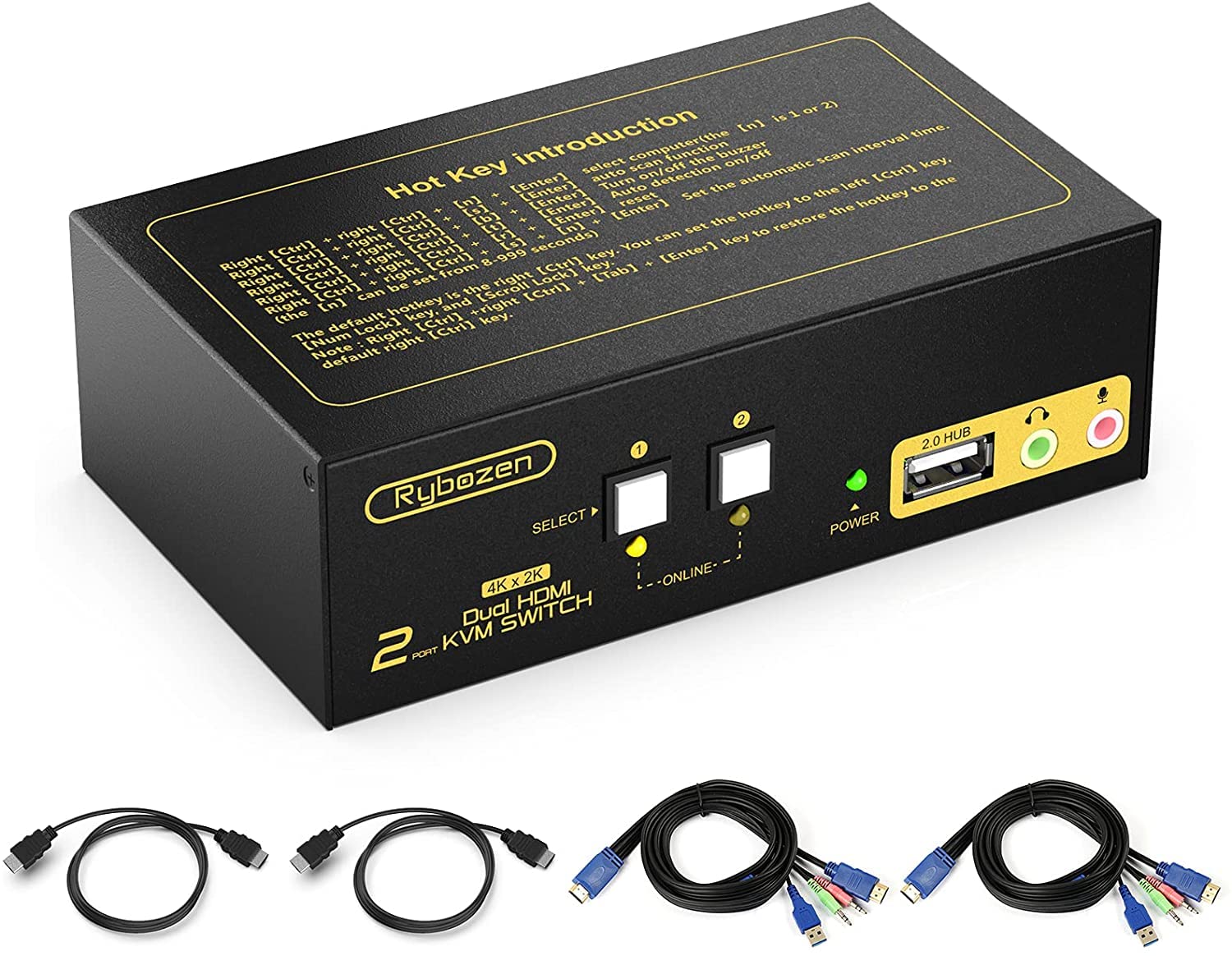 Rybozen HDMI KVM Switch 2 Port Dual Monitor Extended Display, 4K USB KVM Switch HDMI with Audio Microphone Output and USB 2.0 Hub