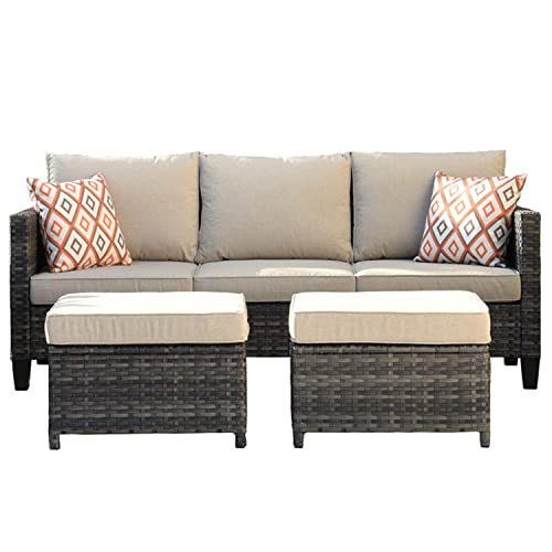 ovios Patio Sofa with 2 Ottomans, 3-Pieces Outdoor Rattan Wicker Couch with 2 footrests, All Weather 5 Seater Sofas Couches for Porch, Backyard