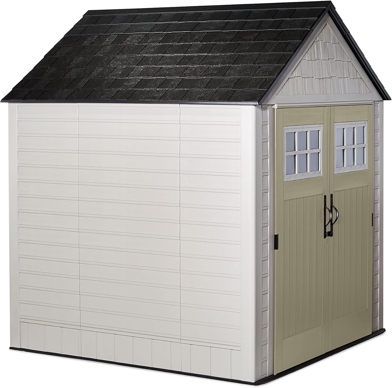 Rubbermaid Resin Outdoor Storage Shed With Floor (7 x 7 Ft), Weather Resistant, Beige/Brown