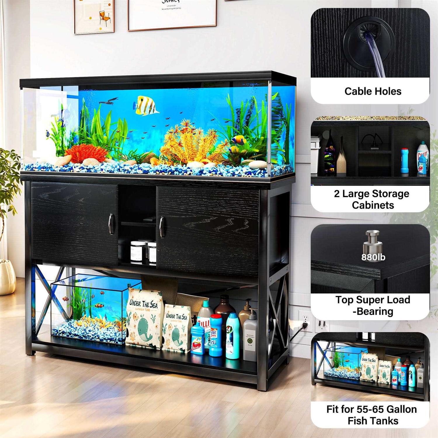 Tc-homeny 55-75 Gallon Aquarium/Fish Tank Stand 2 layers with Cabinet and Charging Station/Power Outlets