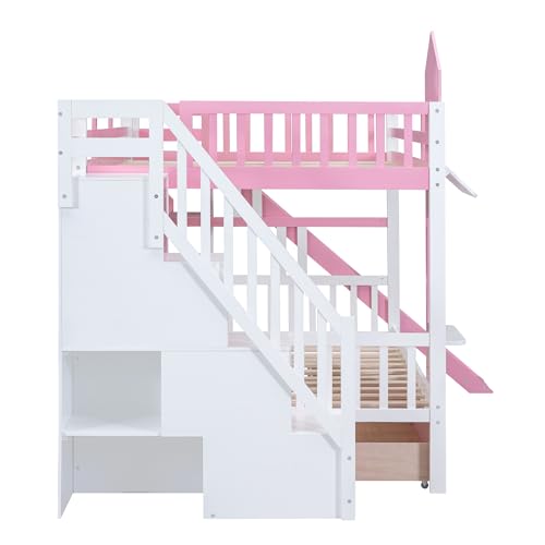 Harper & Bright Designs Twin Over Twin Bunk Bed with Stairs and Slide, Solid Wood Bunk Bed Frame with Storage Drawers and Bookshelf