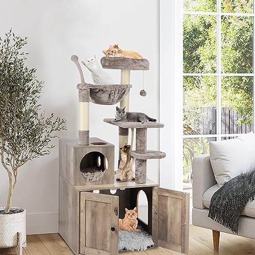 Cat Tree with Litter Box Enclosure, 2-in-1 Cat Tower for Indoor Cats, Large Wood Cat Condo with Basket, Scratching Posts, Pompoms, Rustic Brown