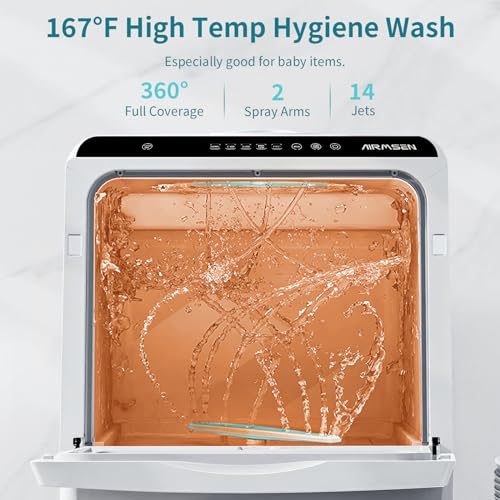 AIRMSEN AE-TDQR03 Portable Countertop Dishwasher, Compact Mini Dish Washer with 5-Liter Built-in Water Tank and Air-Dry Function, 5 Washing Programs