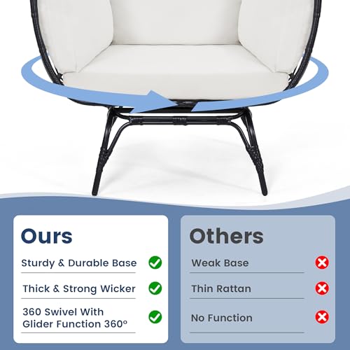 Oversized 360 Swivel Rattan Egg Chair for Adult, Indoor Outdoor Patio Large Wicker Egg Chair with Overstuffed Cushions, 440lb Weight Capacity