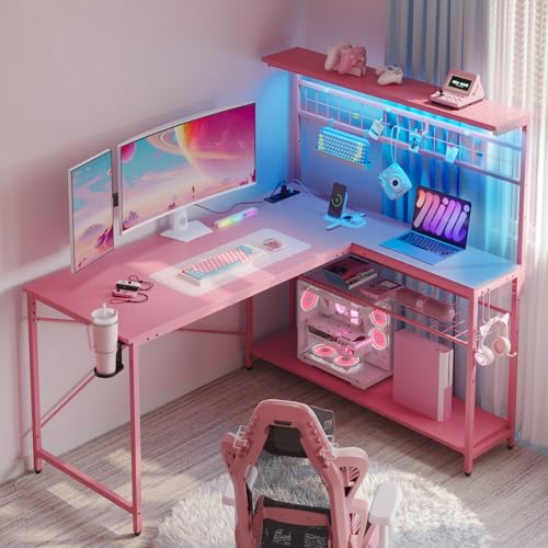 Bestier 42 L Gaming Desk,Computer Desk with Power Outlets, LED Lights, Reversible Corner Desk with 4-Tier Shelves,Cup Holder & Hook Carbon Fiber Black