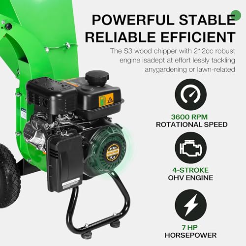 S3 Wood Chipper Shredder, 7HP 212cc Gas Powered Heavy Duty, 3" Max Wood Diameter Capacity, 15: 1 Reduction Ratio, Easy Assembly