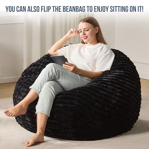 Hobestluk 5ft Bean Bag Chairs for Adults Large Beanbag Chair with Stripe Plush Cover Big Bean Bag Chair for Living Room Bedroom Dorm Office -Black
