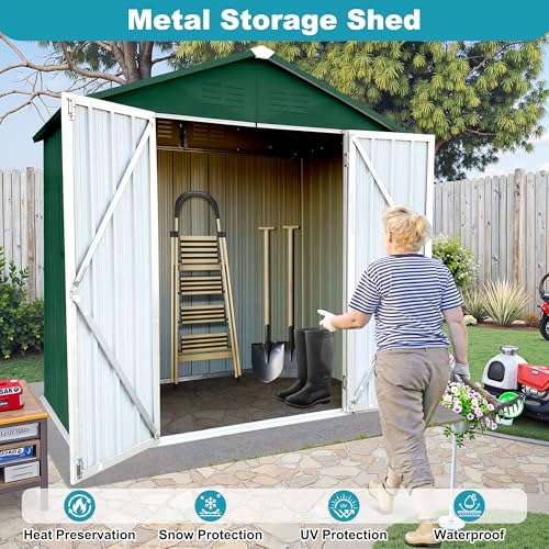 8x6 FT Outdoor Storage Shed, Metal Tool Shed with Lockable Doors, Peaked Roof & Frame Floor