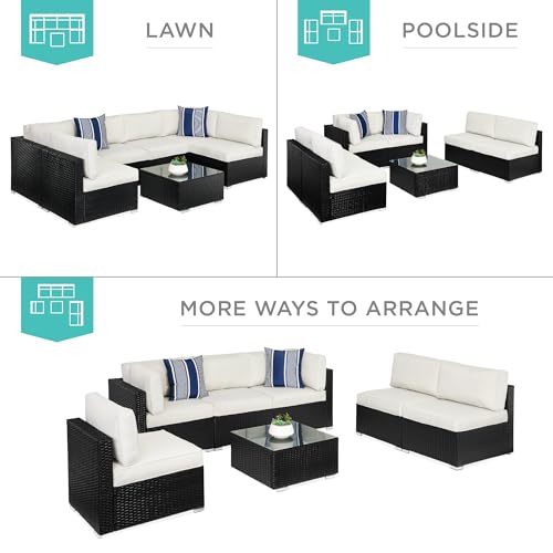 Best Choice Products 7-Piece Modular Outdoor Sectional Wicker Patio Conversation Set w/ 2 Pillows, Coffee Table, Cover Included - Gray/Navy