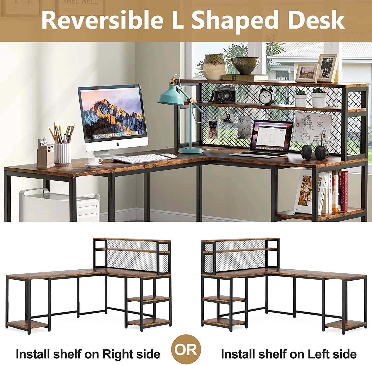 Tribesigns 67" Computer Desk with Hutch Rustic Brown Office Desk Home Study Table with Shelves