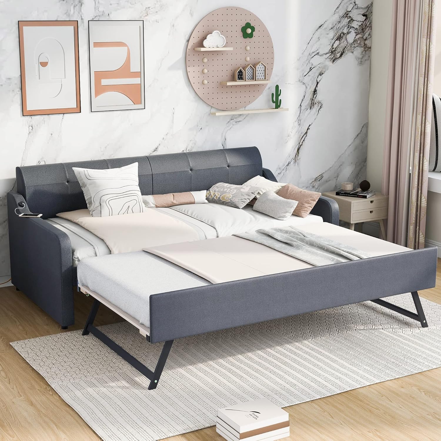 MERITLINE Upholstery Daybed with Trundle and USB Charging, Twin to King Extendable Sofa Bed Frame, Daybed with Trundle Bed can be Flat or Erected
