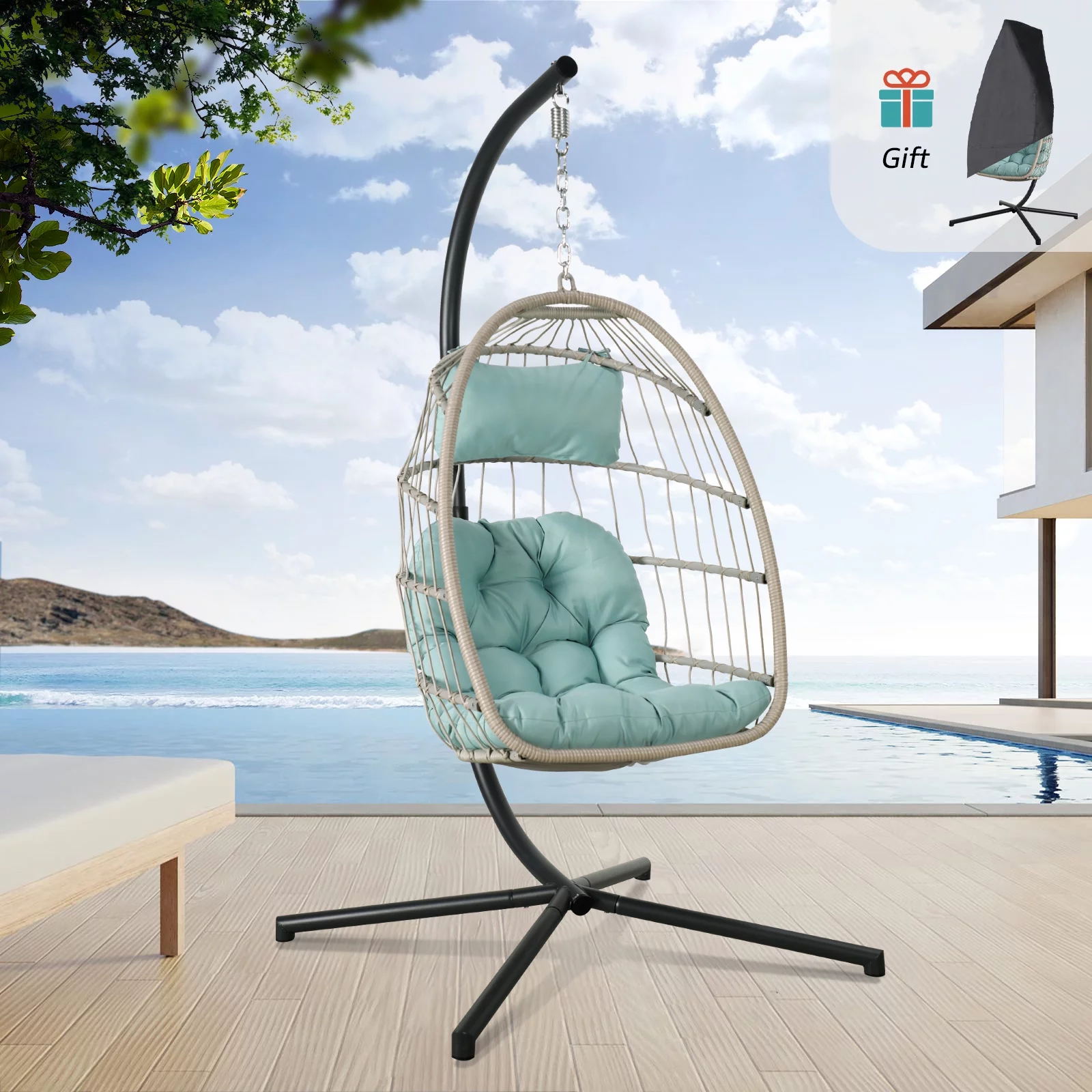 OC Orange-Casual Egg Chair with Stand and Cover, Patio Wicker Hanging Swing Chair, Indoor & Outdoor, Baby Blue
