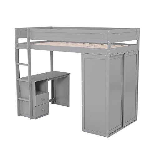 Full Size Loft Bed with L-Shaped Desk, Wardrobe and Storage Shelves, Solid Wood Bedframe w/Safety Guardrails & Ladder for Kids Teens Adults