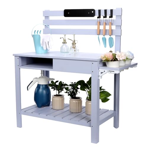 Potting Bench Table Outdoor Garden Table Wooden Work Station Outdoor Garden Work Bench Platform with 3 Side Hook Shelf Natural Wood Rice-White