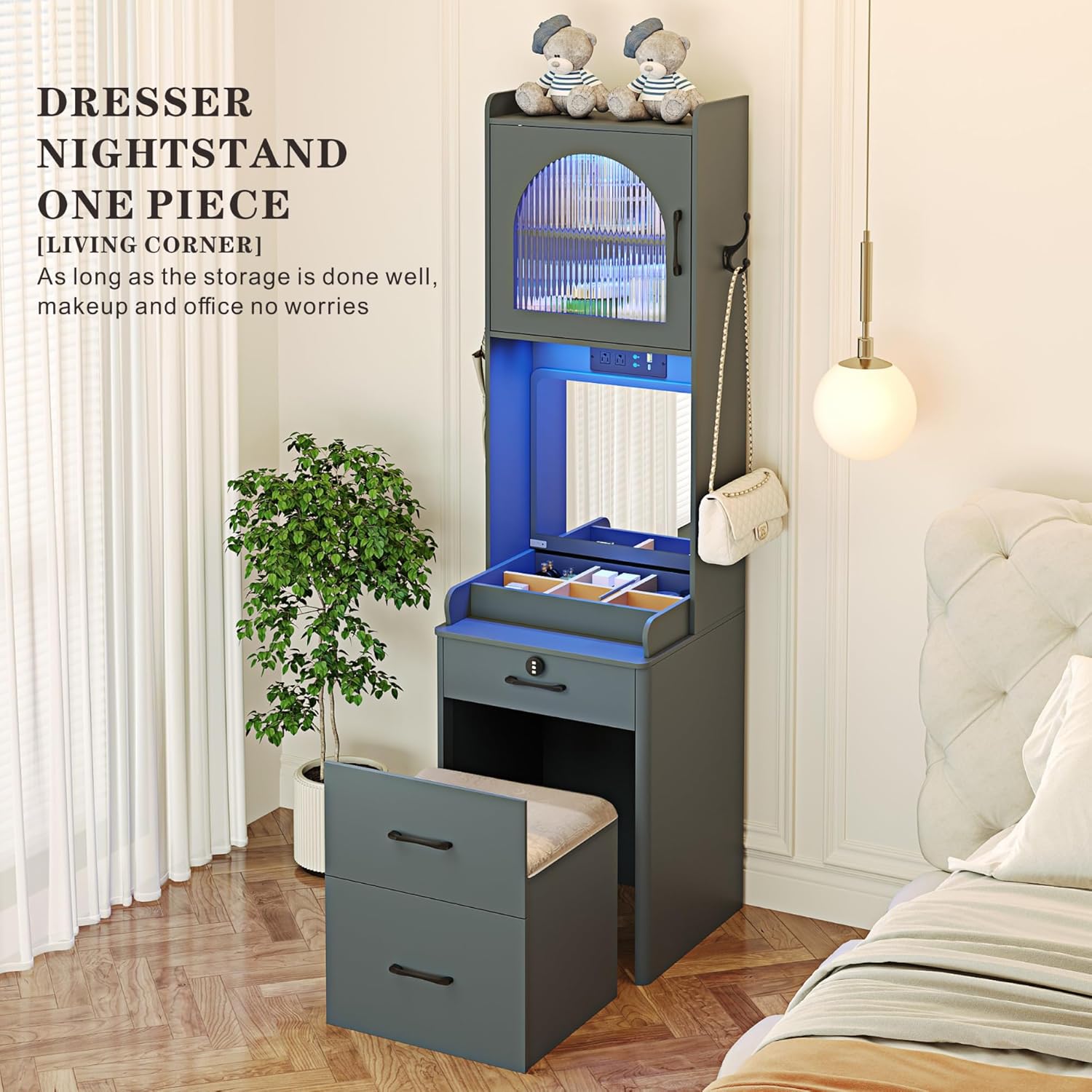 Small Vanity Desk with Mirror and Lights: Makeup Vanity Table with Combination Lock Drawers for Bedroom