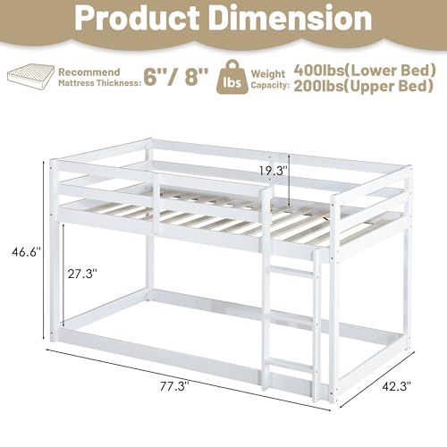 Bunk Bed Twin Over Twin, Wood Low Profile Floor Twin Bunk Beds with Ladder Guardrails for Kids Boys and Girls, No Box Spring Needed