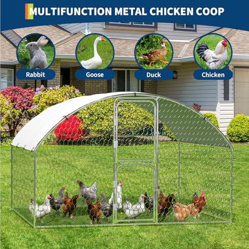 Heavy Duty Walk-in Chicken Coop, Large Metal Poultry Cage with Waterproof UV Cover & Round Top Design