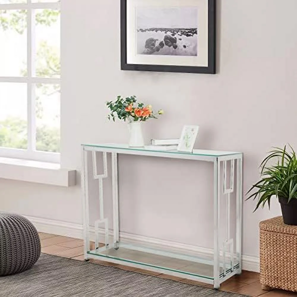 TJUNBOLIFE Glass Console Table with Shelves - Modern Glass Entryway Table with Chrome Leg